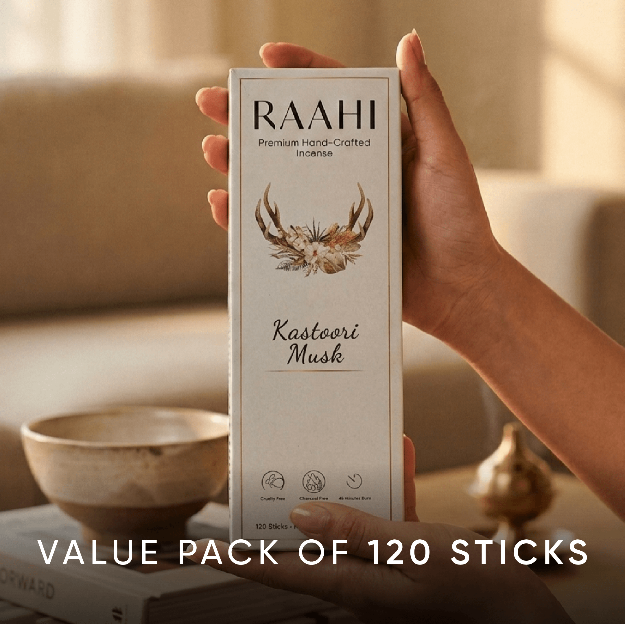 RAAHI Kastoori Incense Sticks with Holder | Hand Crafted | Charcoal Free | 120 Sticks