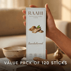 RAAHI Sandalwood Incense Sticks with Holder | Hand Crafted | Charcoal Free | 120 Sticks