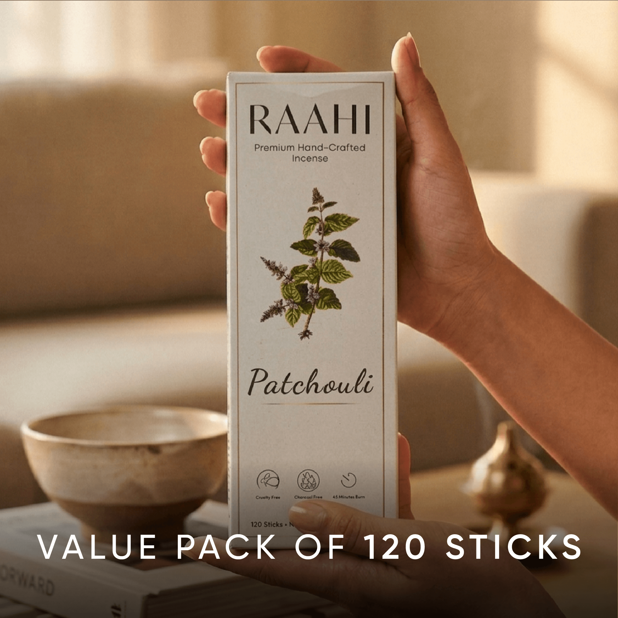 RAAHI Patchouli Incense Sticks with Holder | Hand Crafted | Charcoal Free | 120 Sticks