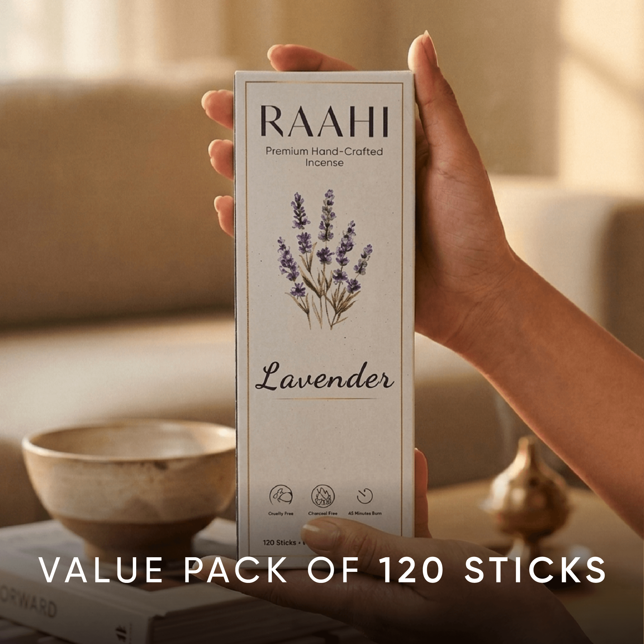 RAAHI Lavender Incense Sticks with Holder | Hand Crafted | Charcoal Free | 120 Sticks