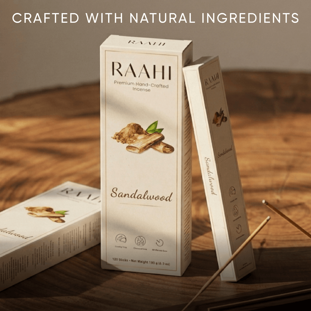 RAAHI Sandalwood Incense Sticks with Holder | Hand Crafted | Charcoal Free | 120 Sticks