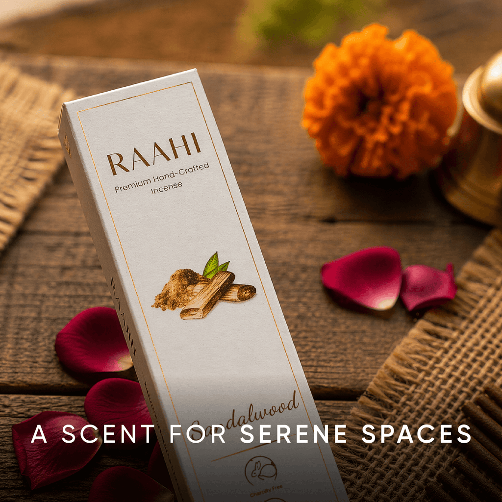 RAAHI Sandalwood Incense Sticks with Holder | Hand Crafted | Charcoal Free | 120 Sticks