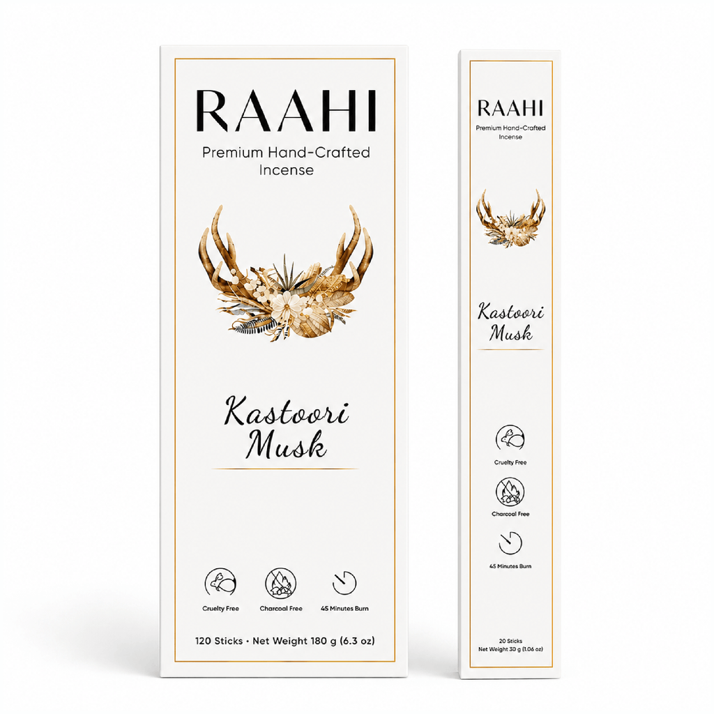 RAAHI Kastoori Incense Sticks with Holder | Hand Crafted | Charcoal Free | 120 Sticks