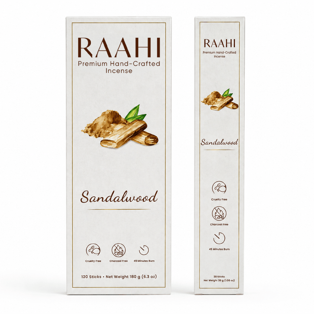 RAAHI Sandalwood Incense Sticks with Holder | Hand Crafted | Charcoal Free | 120 Sticks