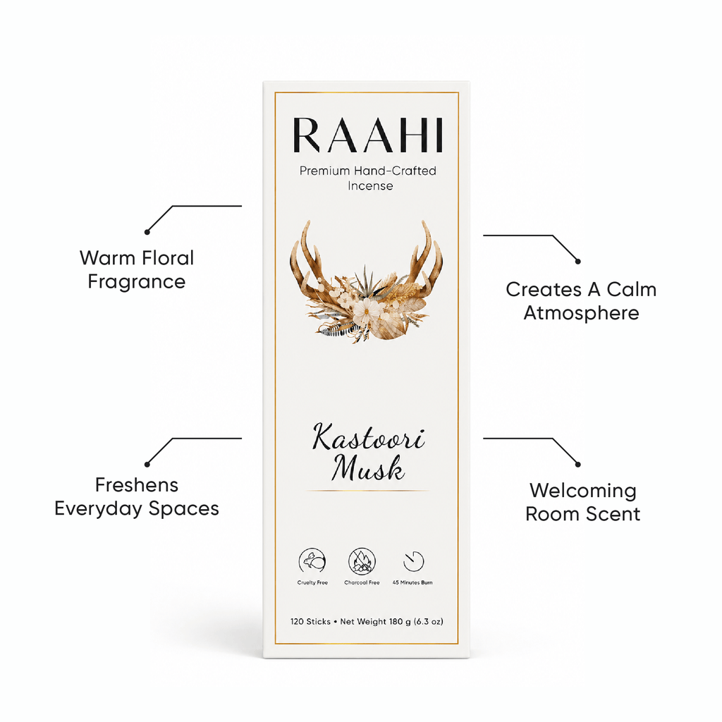 RAAHI Kastoori Incense Sticks with Holder | Hand Crafted | Charcoal Free | 120 Sticks