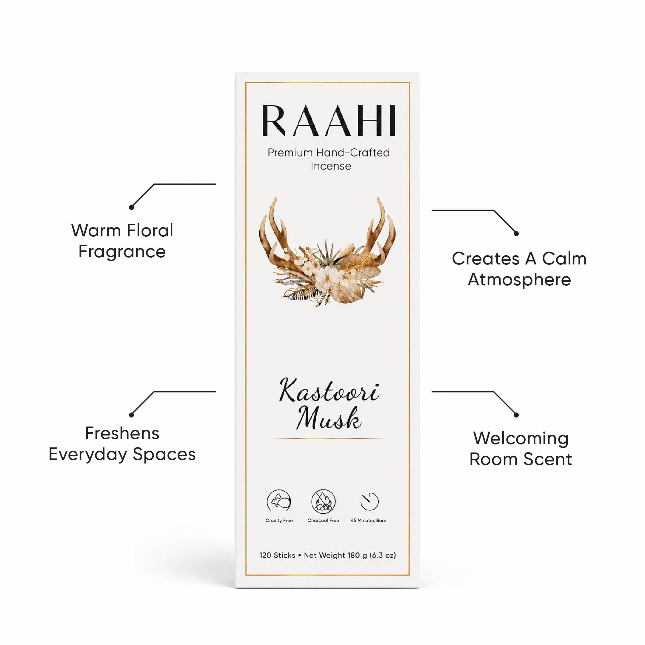 RAAHI Kastoori Incense Sticks with Holder | Hand Crafted | Charcoal Free | 120 Sticks