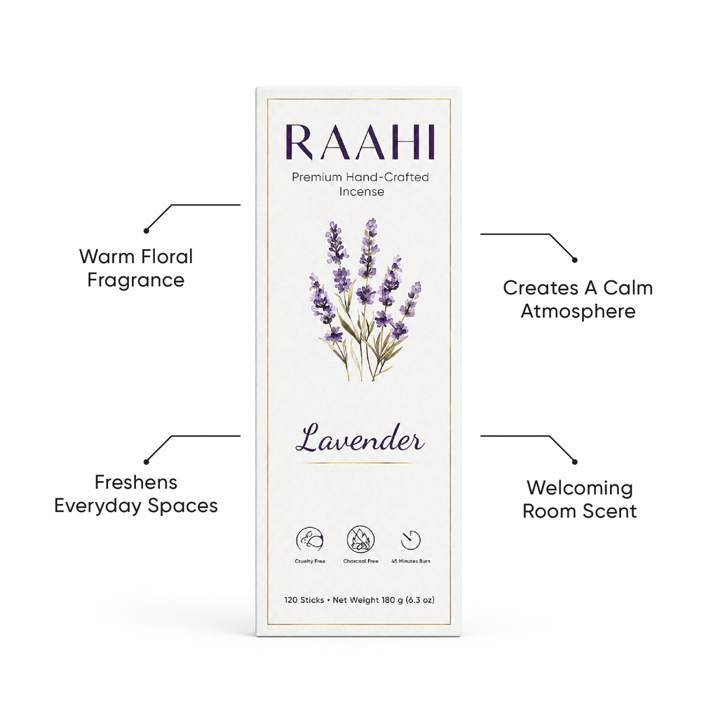 RAAHI Lavender Incense Sticks with Holder | Hand Crafted | Charcoal Free | 120 Sticks