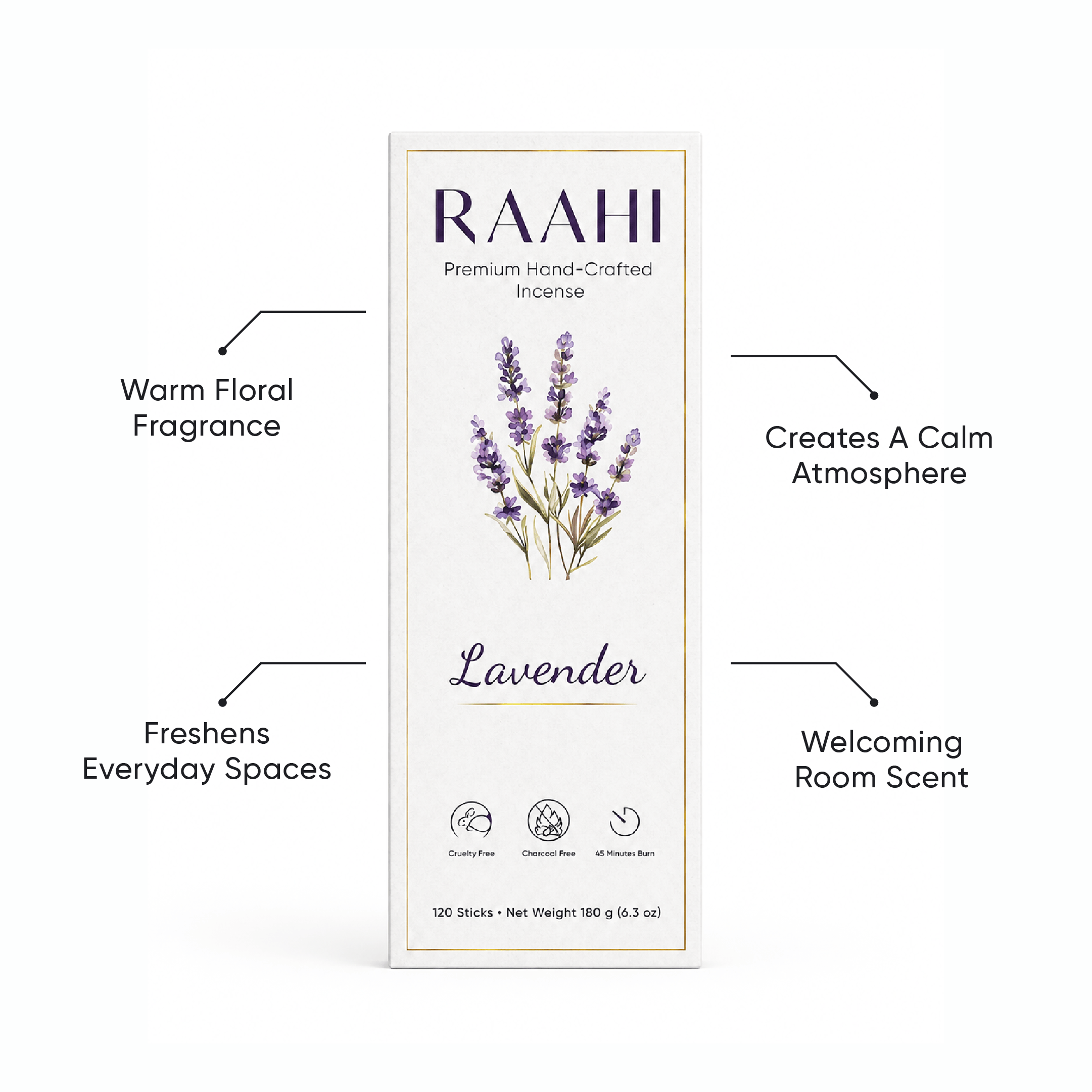 RAAHI Lavender Incense Sticks with Holder | Hand Crafted | Charcoal Free | 120 Sticks