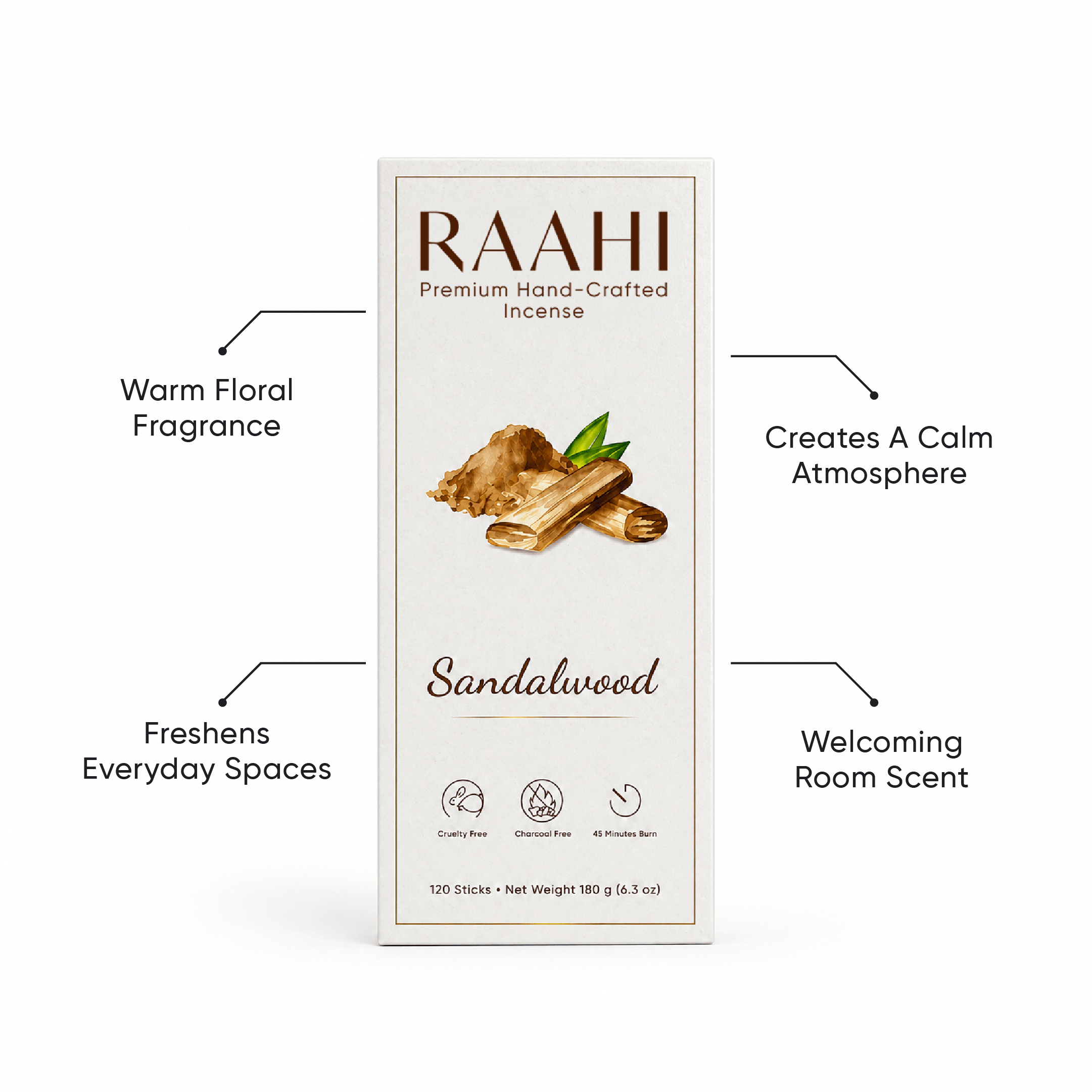 RAAHI Sandalwood Incense Sticks with Holder | Hand Crafted | Charcoal Free | 120 Sticks
