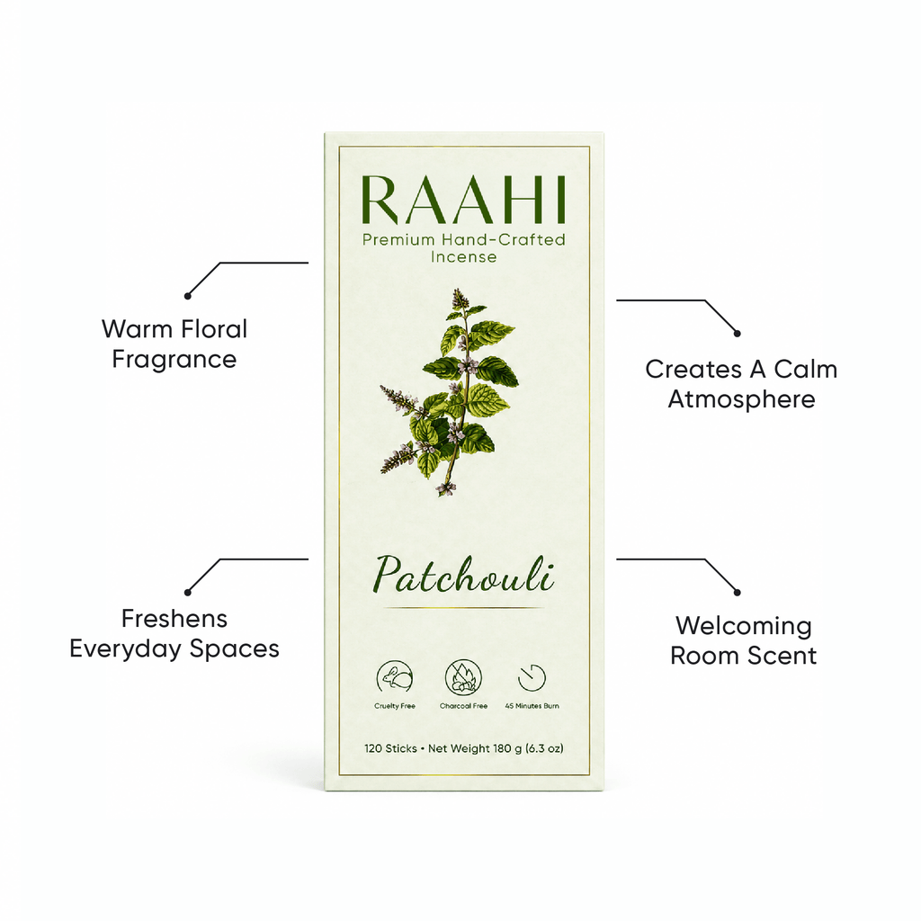 RAAHI Patchouli Incense Sticks with Holder | Hand Crafted | Charcoal Free | 120 Sticks