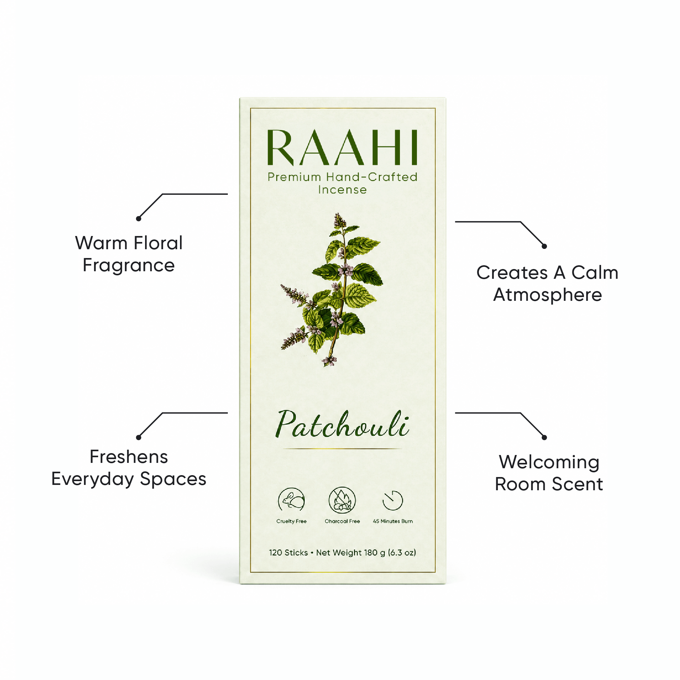 RAAHI Patchouli Incense Sticks with Holder | Hand Crafted | Charcoal Free | 120 Sticks