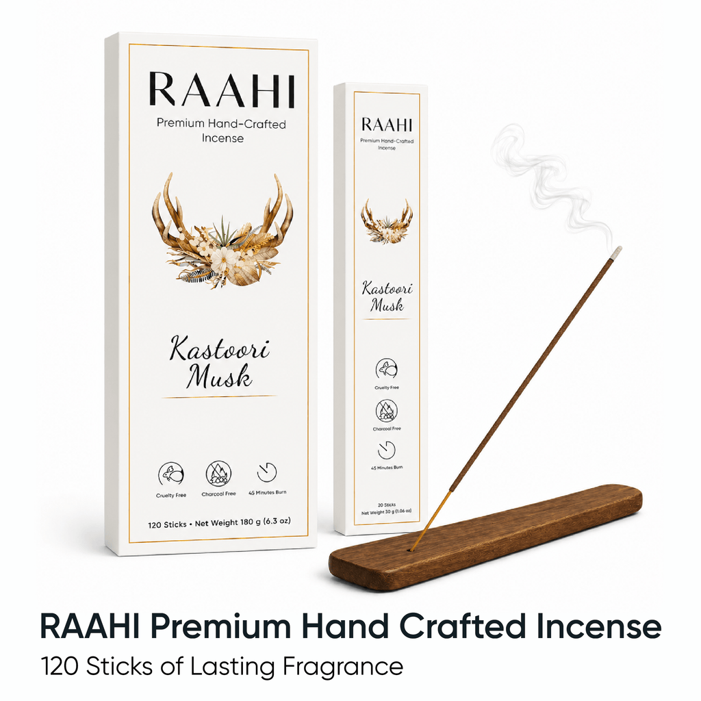 RAAHI Kastoori Incense Sticks with Holder | Hand Crafted | Charcoal Free | 120 Sticks
