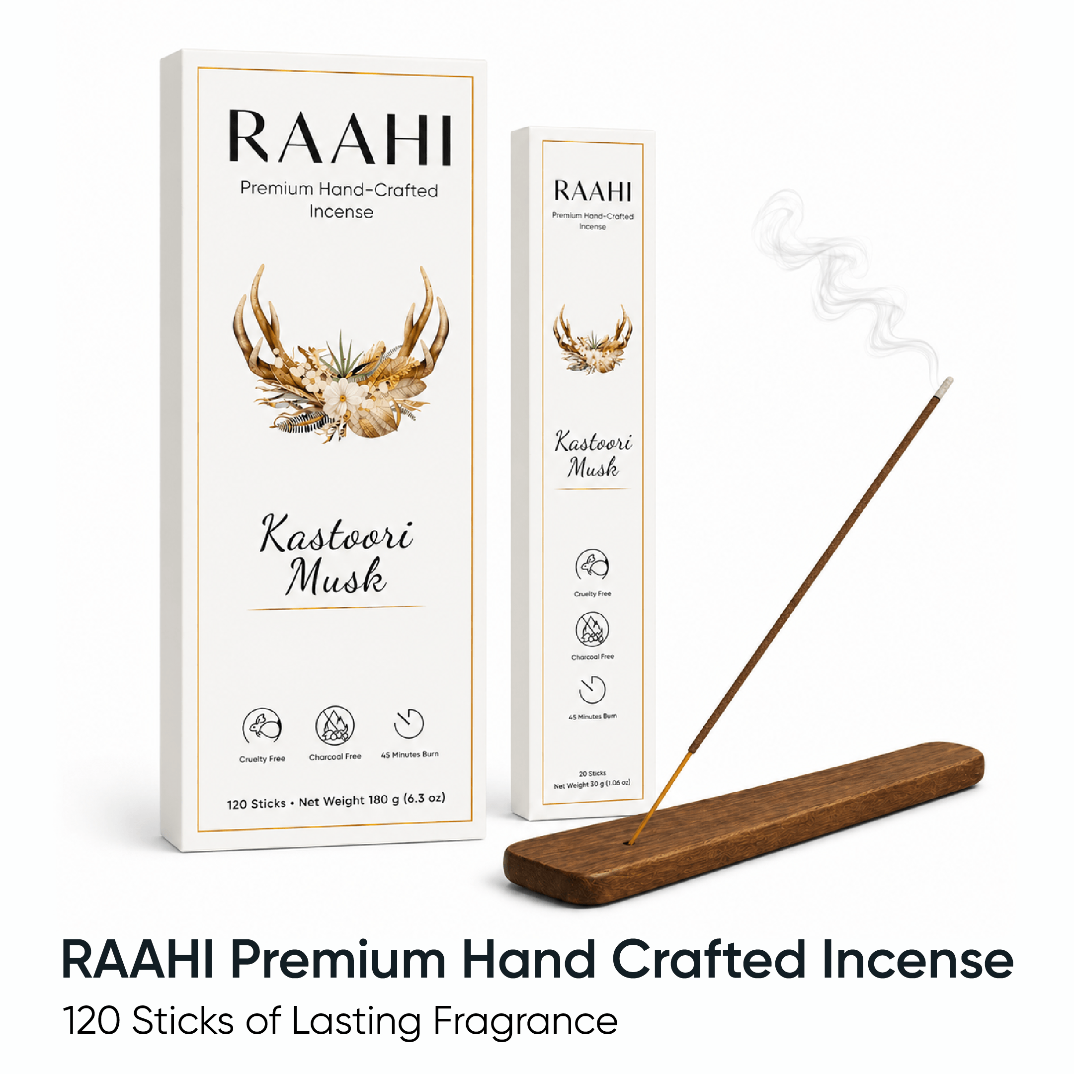 RAAHI Kastoori Incense Sticks with Holder | Hand Crafted | Charcoal Free | 120 Sticks