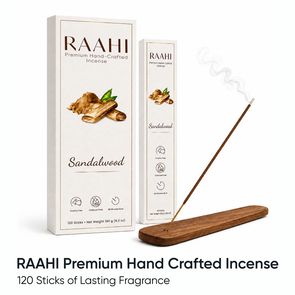 RAAHI Sandalwood Incense Sticks with Holder | Hand Crafted | Charcoal Free | 120 Sticks