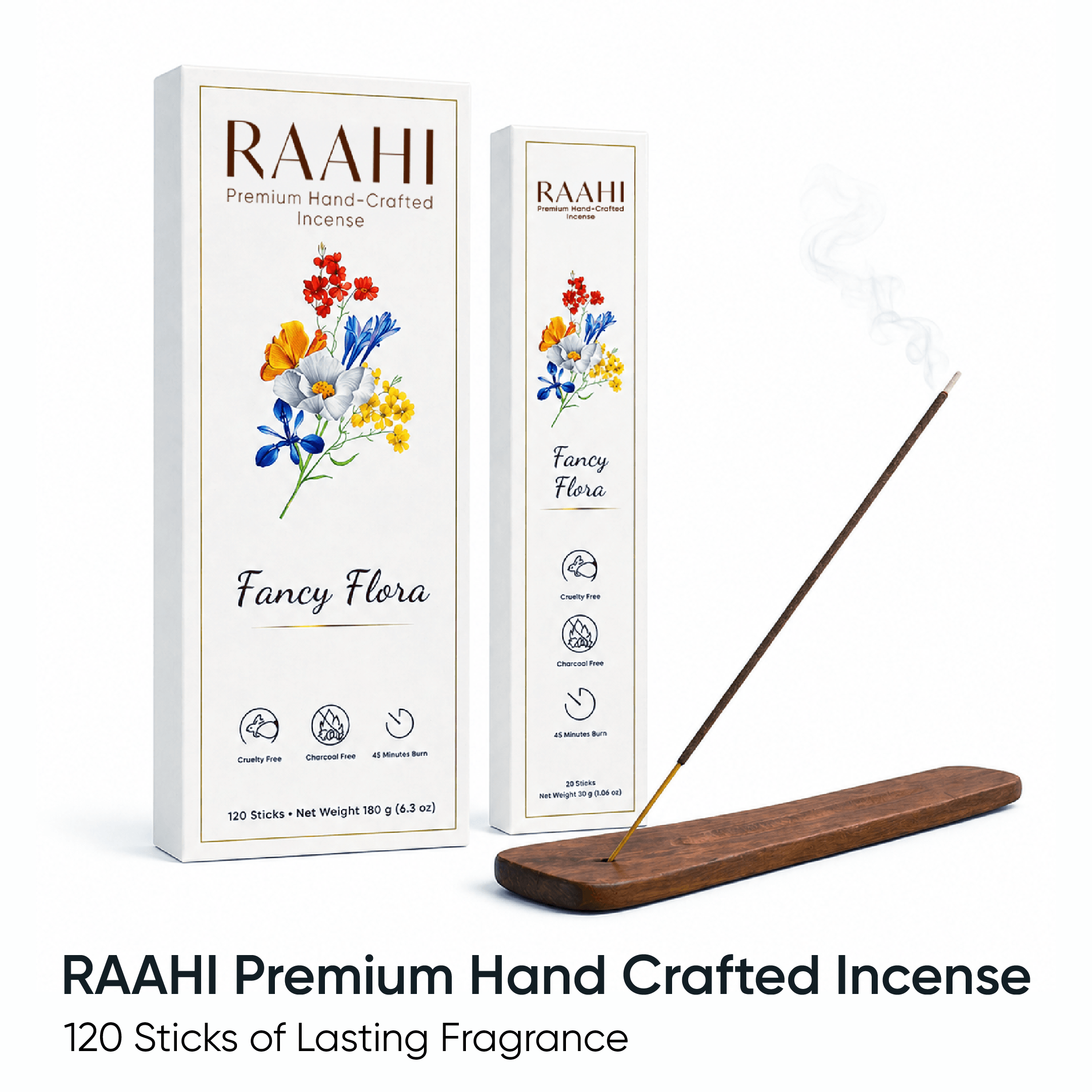 RAAHI Fancy Flora Incense Sticks with Holder | Hand Crafted | Charcoal Free | 120 Sticks