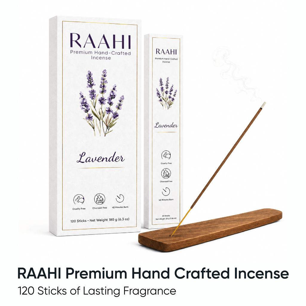 RAAHI Lavender Incense Sticks with Holder | Hand Crafted | Charcoal Free | 120 Sticks