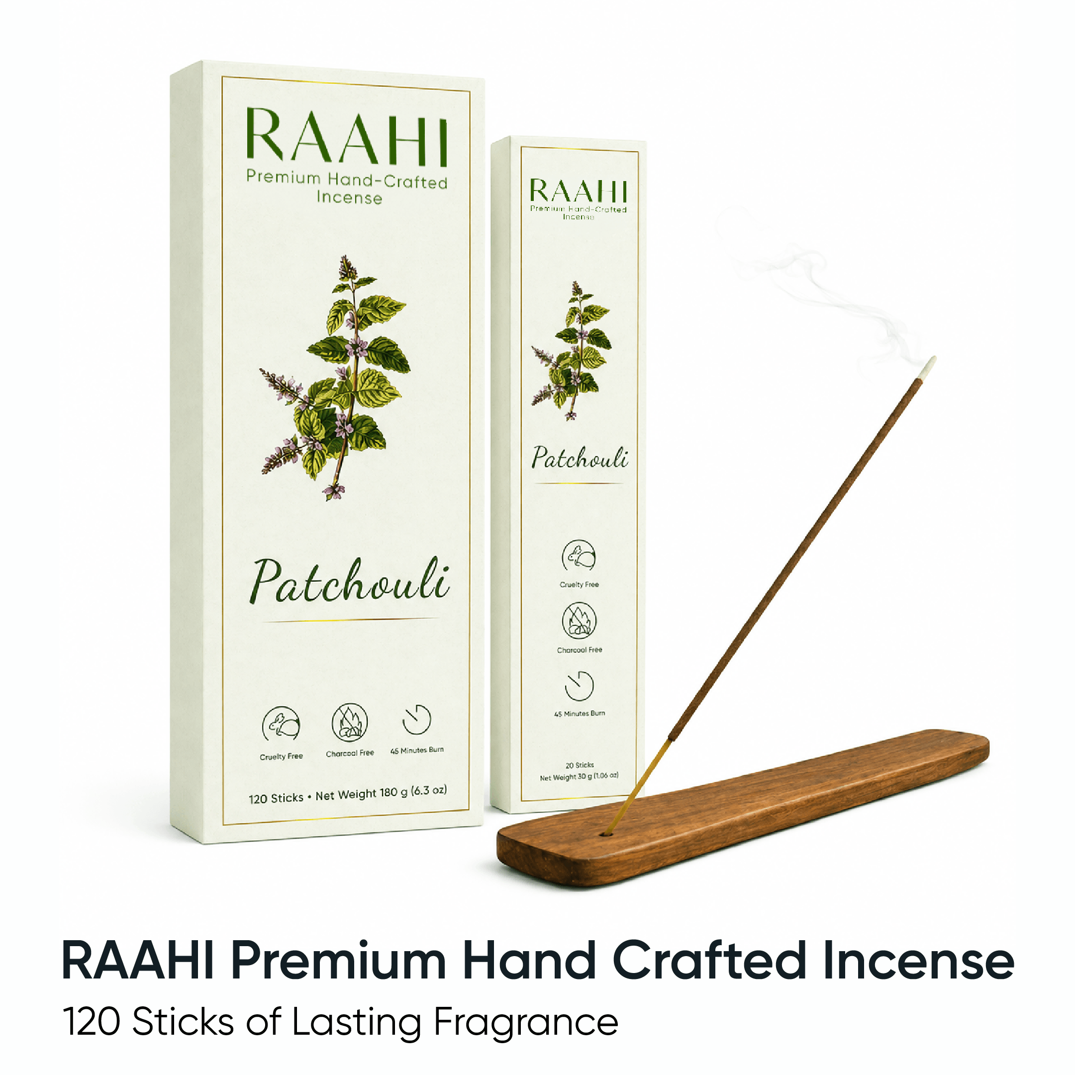 RAAHI Patchouli Incense Sticks with Holder | Hand Crafted | Charcoal Free | 120 Sticks