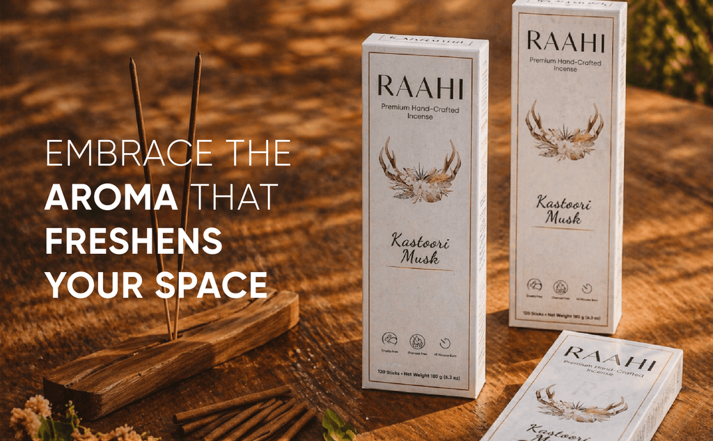 RAAHI Kastoori Incense Sticks with Holder | Hand Crafted | Charcoal Free | 120 Sticks