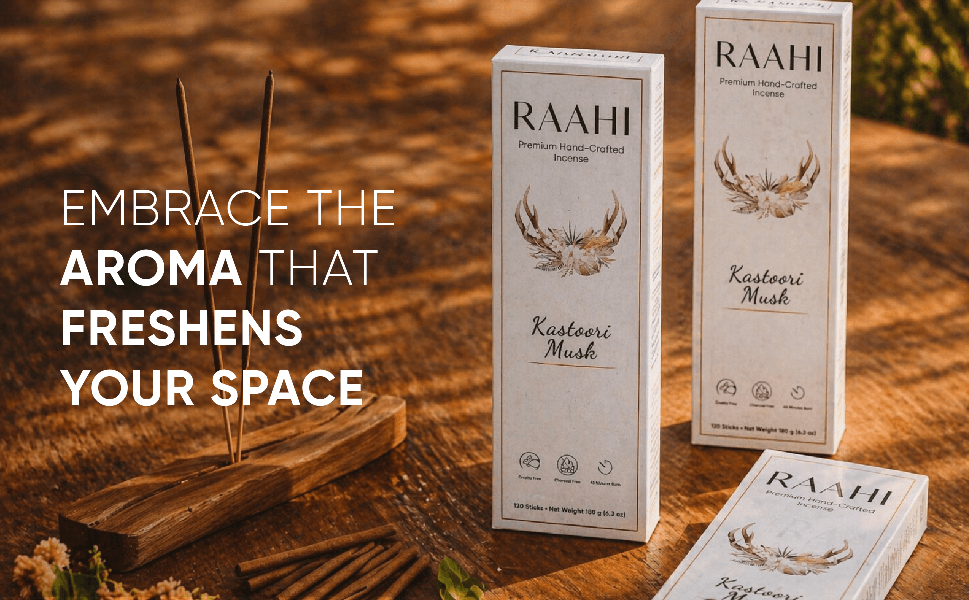 RAAHI Kastoori Incense Sticks with Holder | Hand Crafted | Charcoal Free | 120 Sticks