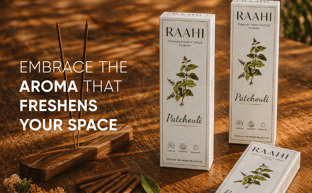 RAAHI Patchouli Incense Sticks with Holder | Hand Crafted | Charcoal Free | 120 Sticks