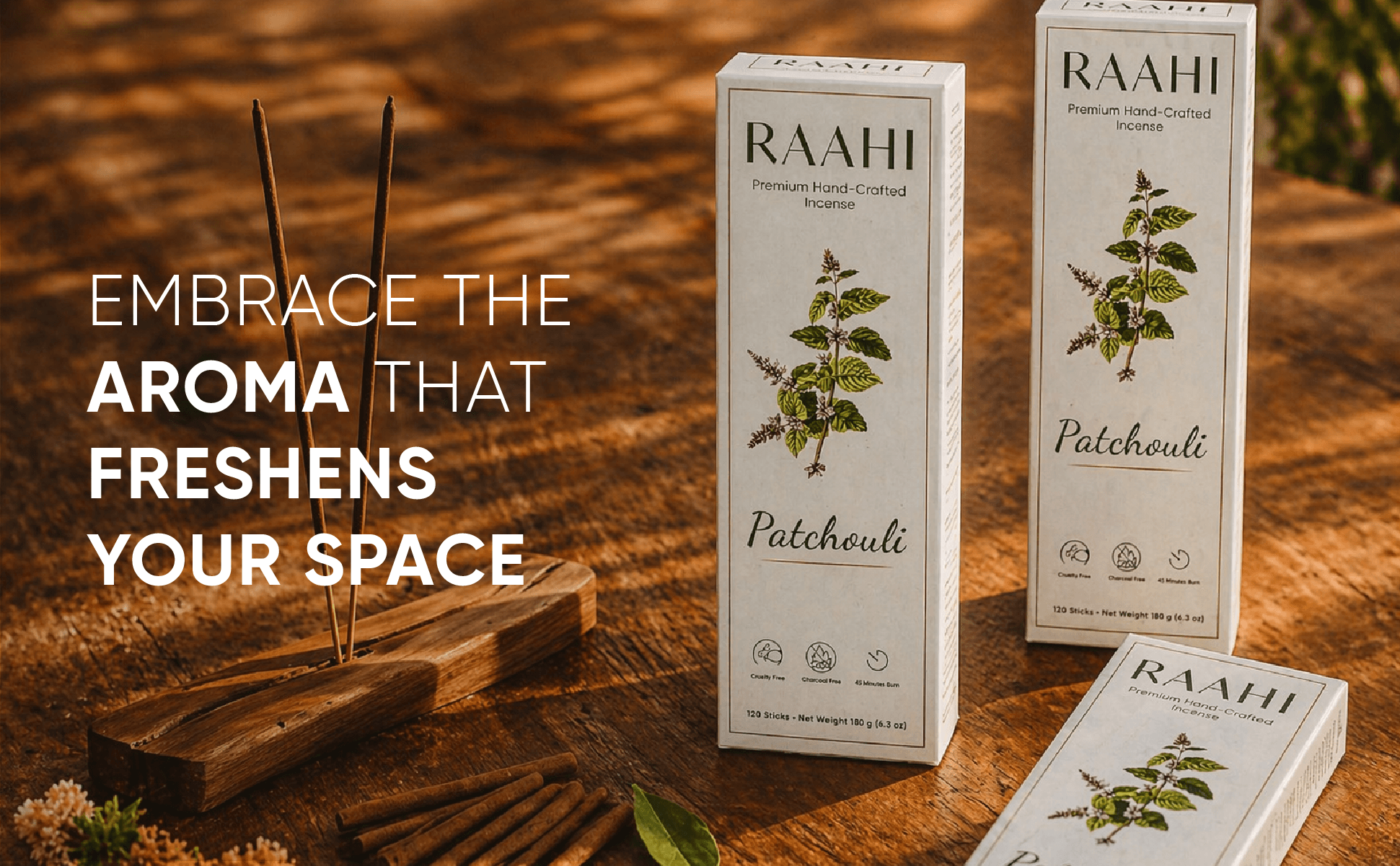 RAAHI Patchouli Incense Sticks with Holder | Hand Crafted | Charcoal Free | 120 Sticks