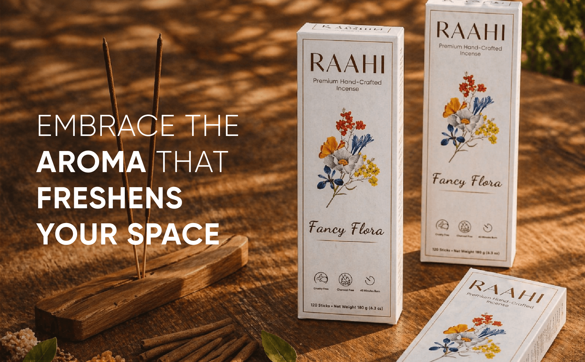 RAAHI Fancy Flora Incense Sticks with Holder | Hand Crafted | Charcoal Free | 120 Sticks