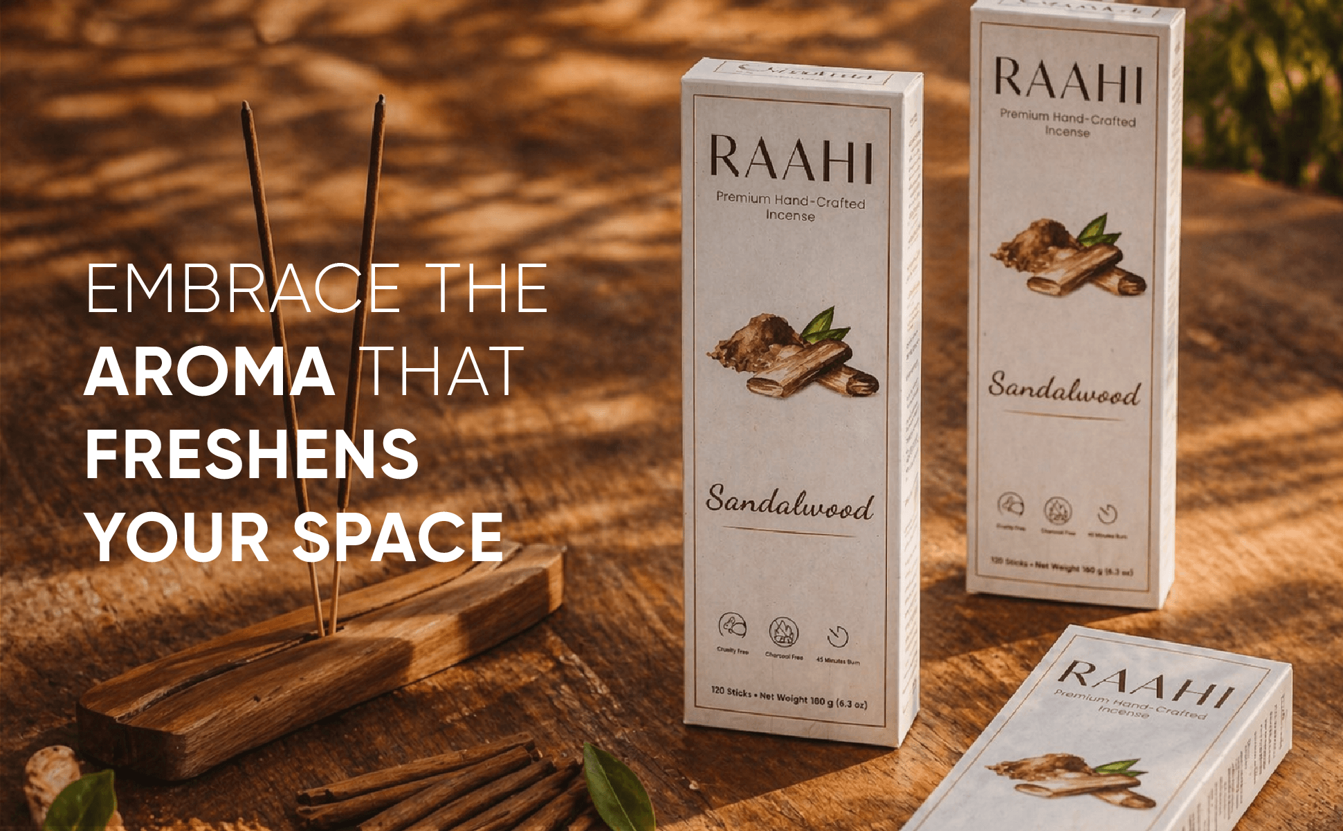 RAAHI Sandalwood Incense Sticks with Holder | Hand Crafted | Charcoal Free | 120 Sticks