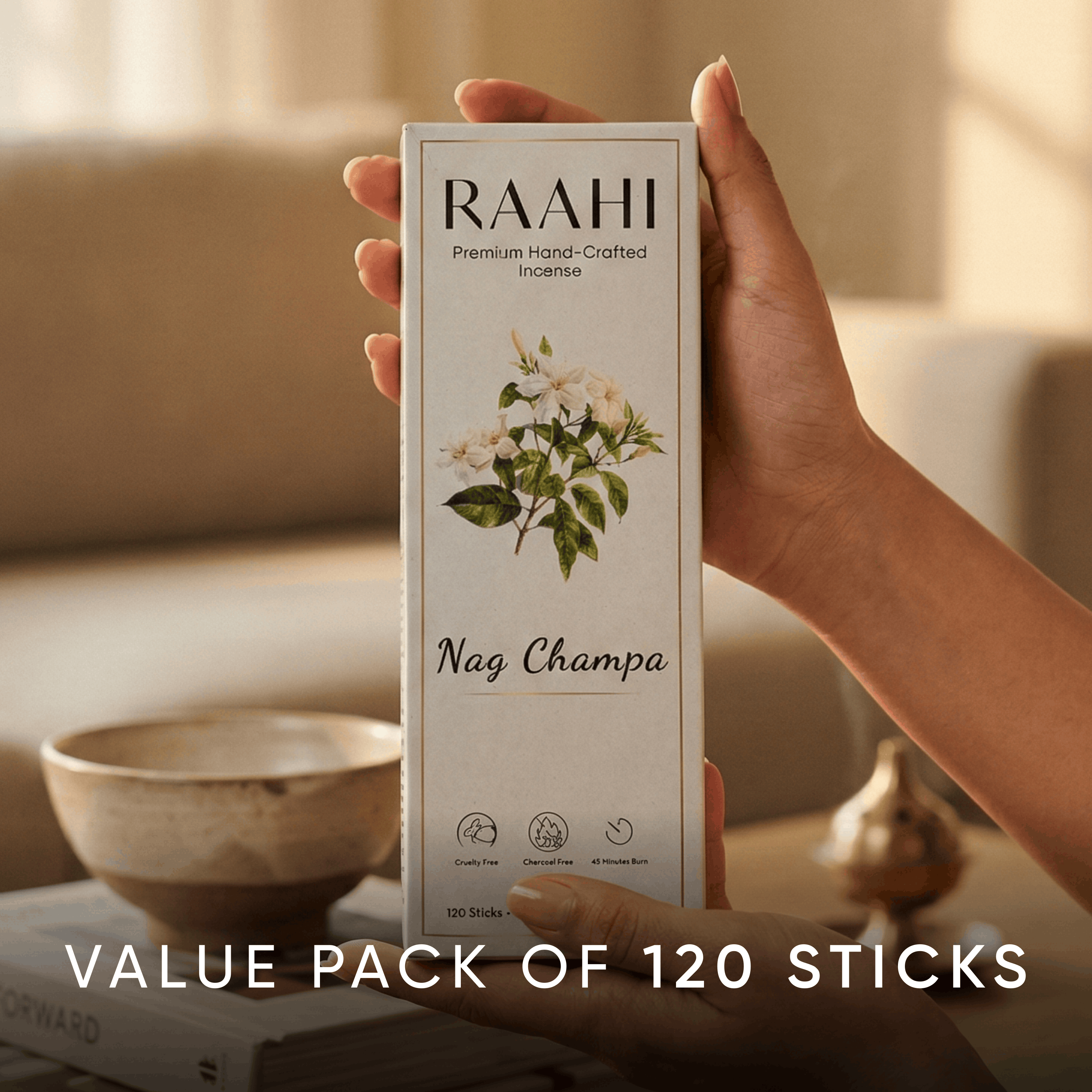RAAHI Nag Champa Incense Sticks with Holder | Hand Crafted | Charcoal Free | 120 Sticks