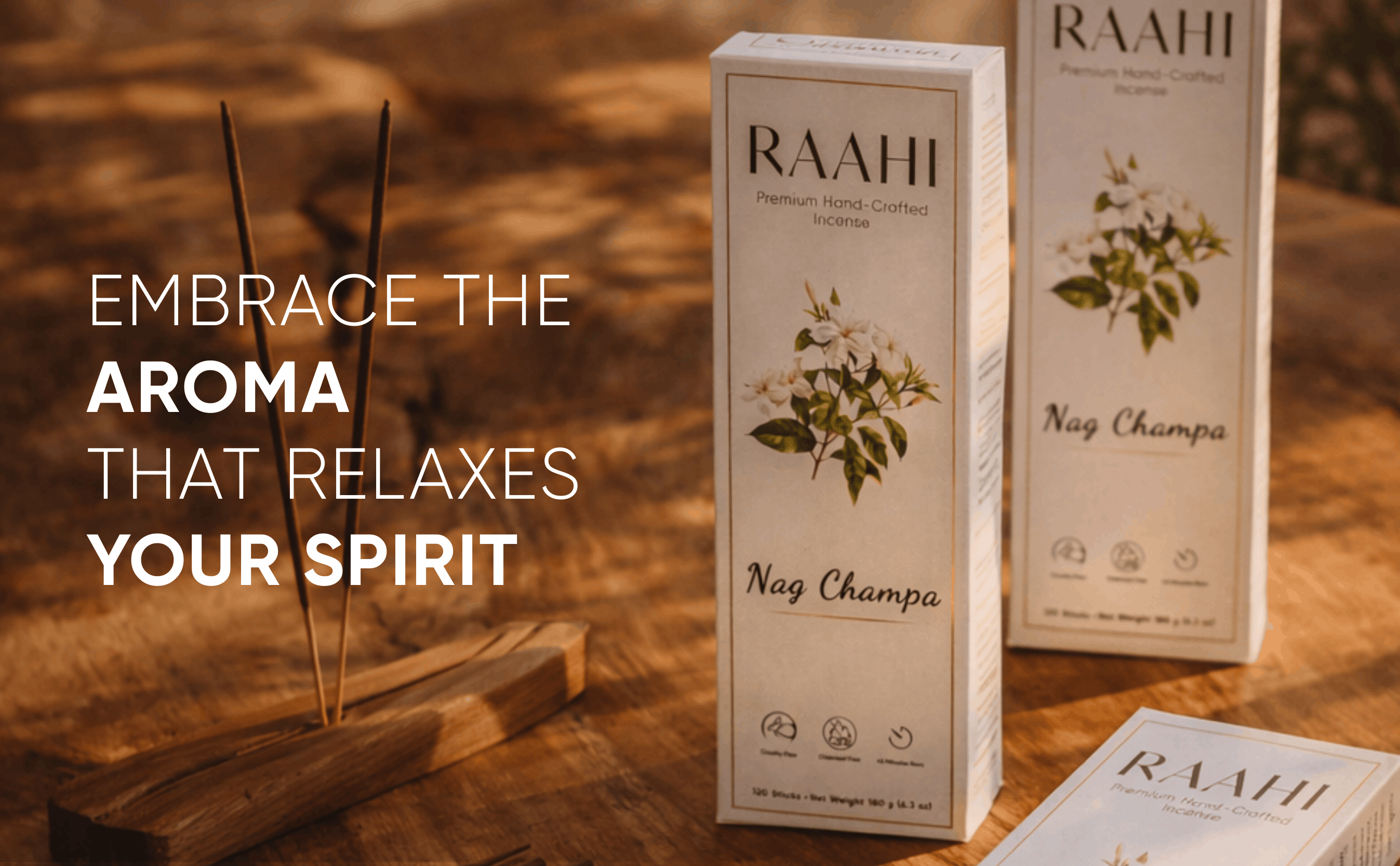 RAAHI Nag Champa Incense Sticks with Holder | Hand Crafted | Charcoal Free | 120 Sticks